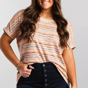 Buckle BKE Womens Sz Lg Orange Striped Knit Blend Lace Up Back Short Sleeve